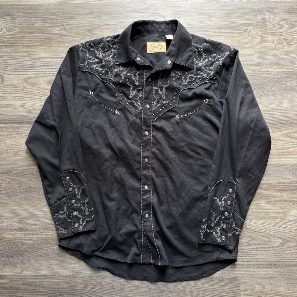 Scully Western Pearl Snap Button Up Shirt Black Embroidered Longhorns Size M